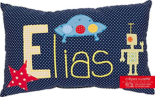 crepes suzette Kissen mit Namen, Geburtsgeschenk, Namenskissen Roboter, Ufo
