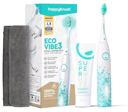 happybrush® Cepillo de dientes eléctrico sónico Eco VIBE 3 - Cepillo de dientes sostenible con batería de 6 semanas de duración, estuche de viaje y pasta de dientes SuperWhite - Bianco/Menta