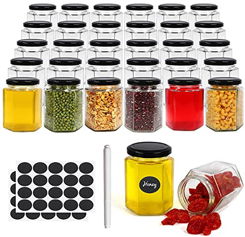 Betrome 30 Pack 6 oz Hexagon Glass Jars with Black Lids, 180ml Clear Glass Canning Jars Honey Jars Spice Jars Mason Jars for Herb, Jams, Shower Favors, Wedding Favors, Craft, 1 Pen and Labels Included