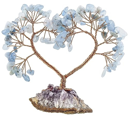 Nupuyai Aquamarin Baum mit Amethyst Stein Basis Edelstein Glücksbaum Deko | Herzform Kristallbaum mit Amethyst Druse Basis, Feng Shui Geldbaum, Hochzeit Wohn Stein Bonsai Deko für Glück Gesundheit