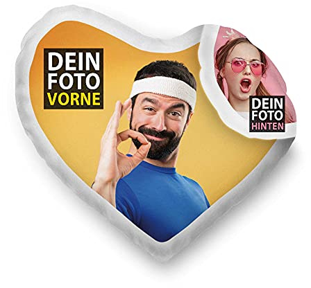 Print Royal Herzkissen selbst gestalten - beidseitiger Druck inklusive Kissenfüllung - Herz Fotokissen personalisierbar mit Foto und Wunschtext auf beiden Seiten - 40 x 44 cm - Herzform weiß