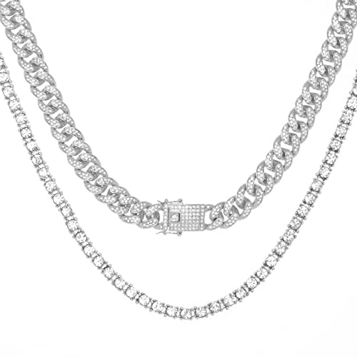 Halukakah Goldkette Iced Out für Herren Miami Kubanische Gliederkette Tenniskette Halsketten-Set Platin Weißgold Plattiert 45+50cm, Voller Cz-Diamantschliff-Zinkensatz, Geschenk für Ihn