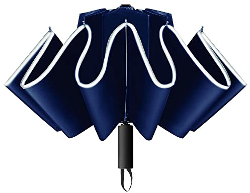 Gimars Regenschirm, tragbar, faltbar, automatisch, winddicht, mit Telfonbeschichtung, 210T, UV-beständig, reflektierende Streifen, 10 Stangen für Herren, Frauen