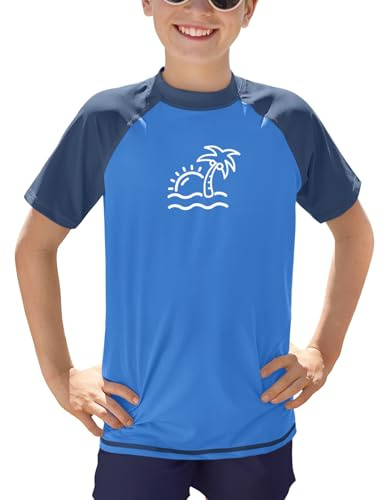 BesserBay Rashguard 110-160 - Maglietta a maniche corte per bambini, UPF 50+, con scollo rotondo, Albero di cocco blu, 130 cm