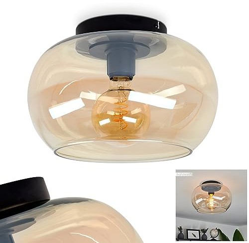 HOFSTEIN Deckenleuchte Molloy, Deckenlampe aus Metall/Glas in Schwarz/Bernsteinfarben, moderne Leuchte im Retro/Vintage-Design, Ø 31 cm, E27, Schlafzimmer, Wohnzimmer, Küche, Esszimmer