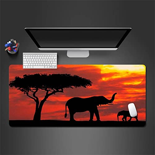 Großes Gaming-Mauspad 1000x500x3mm Afrikanische Elefanten bei Sonnenuntergang,genähten Rändern Mauspad,Rutschfester Naturkautschukboden,Waschbares Tastaturpad,Schreibtischunterlage für Gamer Büro