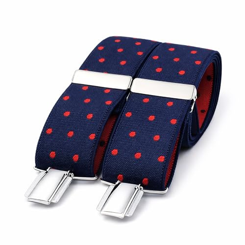 El mono con pajarita Bretelle uomo eleganti fatte a mano in Spagna. Bretelle da uomo per pantaloni | 3 clip extra-forti | Colore blu e Pois rosso. (Blu-Rosso)