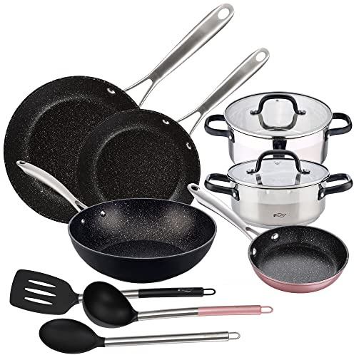 Batería de cocina con: cacerolas 20x8.5 y 24x10.5 cm con tapas, acero inoxidable, inducción, y sartenes 16x4.0, 20x5.0, 28x6.0 y wok 28x8.0 cms, al