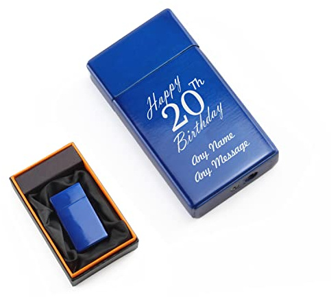 Personalised Engraved Blue Torch Gas Jet Lighter, Comes with Presentation Box, Happy 20th Birthday Design, Gift for Him, Father, Birthday Gift, Engraved in The UK