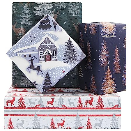 Weihnachts-Geschenkpapier, 8 Blatt Geschenkpapier für Weihnachtsfeier, Hirsch, Weihnachtsbaum, Schneeflocke, Frohe Weihnachten, Geschenkpapier für Familie, Freunde, Kinder, Weihnachtsferien