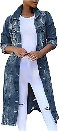 tinbarry Giacca di jeans da donna lunga boyfriend vintage giacca di transizione oversize giacca di jeans cappotto di jeans lungo cappotto corto distrutto giacche di jeans ritagliate