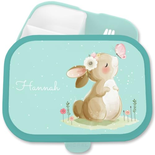 Kinder Campus für Mepal - Hasen - Brotdose Süßer Hase personalisiert I Langohr I Kaninchen I Rabbit I Süße Tiere - 750 ml - Türkis - mädchen kindergarten personalisierte bunny tier snackbox