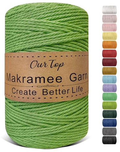 OurTop Premium makramégarn grön, 3 mm x 300 m, makramésnöre, makramérep, garn för gör-det-själv-hantverk, vävning, dekoration, hängande växt växt hängare