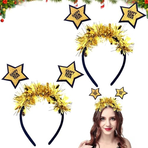 Silvester Haarreif Sterne, 2 Stück Happy New Year Haarreif Silvester Deko, Glitzer Haarreif Silvesterdeko Foto Requisite Silvester Kopfschmuck, New Year Decoration Zubehör Für Kinder Erwachsene