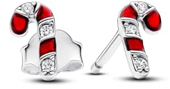 PANDORA Orecchini a bottone Moments con bastoncino di zucchero in argento Sterling con zirconi cubici trasparenti e smalto rosso