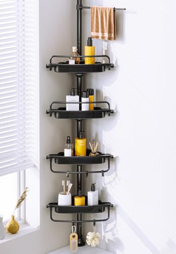 WSBArt Rustproof Shower Caddy Tension Pole Corner Shower Caddy Organizer 4 Tier Adjustable Shelves with Tension Pole and Large Capacity for Bathtub Shampoo Accessories Storage Rack 38.8-122.7inch