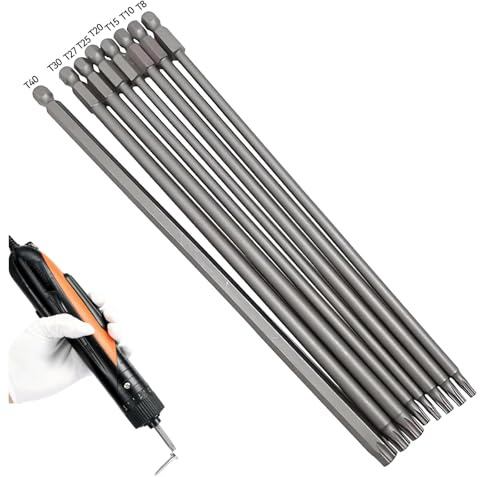 GIONAR Juego de puntas de destornillador Torx de 200 mm de largo, 8 puntas de destornillador largas de 1/4 pulgadas, juego de puntas Torx magnéticas T8 T10 T15 T20 T25 T27 T30 T40, puntas de