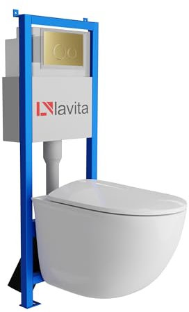 Lavita LAV 101 Élément mural pour WC 40 cm + évier mural suspendu sans bord + panneau de commande LAV 200.4.5 doré | Kit complet | Réservoir de chasse encastré | WC complet