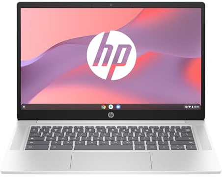 HP Chromebook 14a-nf0001sf Ordinateur Portable 14 HD, PC Portable (Intel Celeron N100, RAM 4 Go, Flash 128 Go, Intel Iris XE, Chrome OS), Laptop Argent, Clavier AZERTY