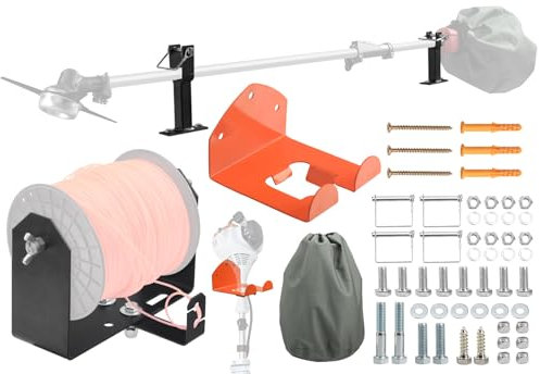 Kit di utilità per tosaerba, supporto per erbacce resistente (regolabile in larghezza 11,4 - 21,8 cm), organizer per attrezzi con ganci e ferramenta e copertura impermeabile per decespugliatore da 3