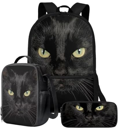 chaqlin Schulrucksack-Set für Kinder, Jungen, Schultaschen mit Lunchbox und Federmäppchen, 3-teiliges Set, Kinder-Büchertaschen, Kühltasche, Stifttasche, Tier, Katze, Schwarz, Kinderrucksack