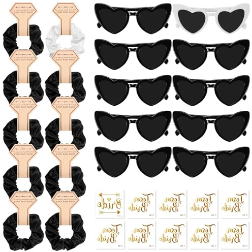 BINYI JGA Brillen Team Braut Haargummi Herz Sonnenbrille Bride Partybrille Set 10 Herzförmige Brille 10 Haargummi 10 Aufkleber JGA Deko Accessoires für Junggesellinnenabschied 30 Stück