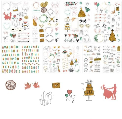 STCRERAG 5 Blatt Hochzeit Sticker Aufkleber PET Deko Aufkleber Fotoalbum Sticker Schöne Gästebuch Aufkleber 29 * 20.8cm Hochzeit Deko Aufkleber Geschenk Hochzeitssticker Set für Gästebuch Fotoalbum