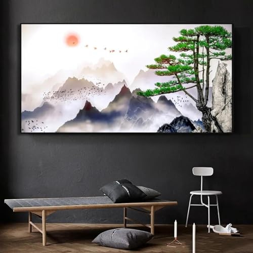 KDOVOXB Leinwandbild im japanischen Stil, neblige Berge, Kunstdruck, minimalistische Landschaft, Sonnenaufgang, Vogel, Kiefer, Wandkunst, Bilddekoration, 80 x 150 cm, mit schwarzem Rahmen