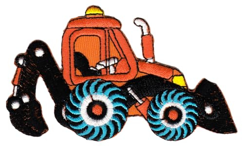 Radlader Orange Bagger Baustelle Fahrzeug Aufnäher zum aufbügeln oder aufnähen Bügelbild Aufbügler für Kleidung gestickter Bügelpatch Applikation Patch Größe 9,9 x 5,8 cm