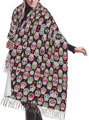 Kaschmir-Schal mit bunten Blumen und Totenköpfen – vielseitiges modisches Accessoire für Damen – perfekt für Herbst/Winter – Geschenk für Damen, Schwarz , One size