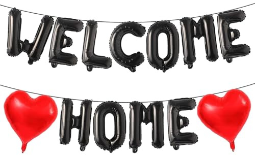 DazzJoy Willkommen Zuhause Luftballons Schwarz Rot, 16 Zoll Schwarz WELCOME HOME Buchstaben Ballons, Welcome Home Deko Folienballon, Willkommen Zurück Deko Helium Ballon für Babyparty, Familie Party
