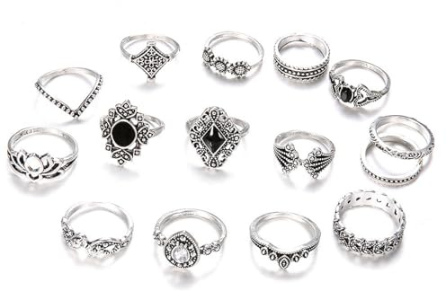 DHWEKU 15Pcs Vintage Silber Punk Ringe Set für Männer Frauen Offene Knuckle Emo Ring Stapelbare Gothic Rings Set Fingerringe Boho Y2K