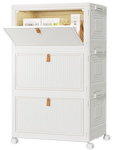HOMIDEC Foldable Stackable Storage Boxes with Lids & Wheels 22L*3 Tiers | Plastic Storage Drawers, Storage Unit with Magnetic Doors, Multipurpose for Toys/Office Supplies/Snacks/Books/Clothes, White