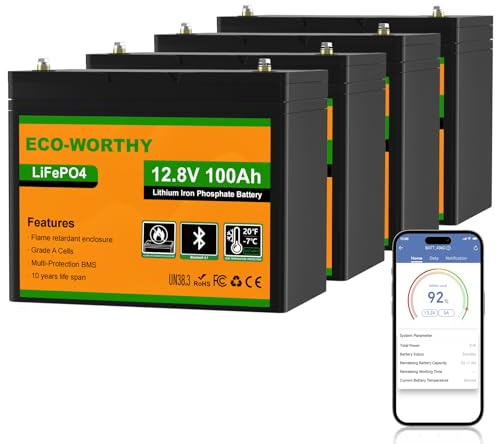 ECO-WORTHY 4PACK 12V 100Ah LiFePO4 Batterie 100A BMS Low Temperature Schutz | 5120Wh Lithium Batterie mit Bluetooth & 15000 Zyklens für Wohnmobile,Trolling-Motor,Boot,Camping,Solaranlage Komplettset