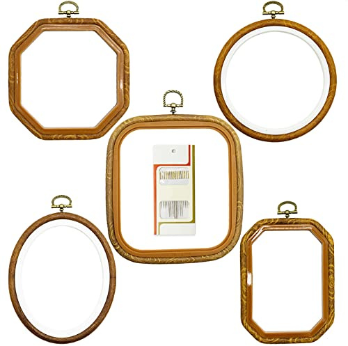Broderiram 5 Pack Plast Korsstygn Hoop Set - Rektangel, Rund, Åttakantig, Oval Ring för Gör-det-själv Hantverk