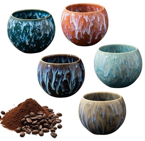 WANDGU Ensemble de Mini Tasses à Expresso en Céramique: 5 Pièces Tasses à Expresso de Haute Qualité, Tasse à thé en Grès Japonais à Parois Epaisses, Sans Tige, 140 ml, pour Expresso, Tea