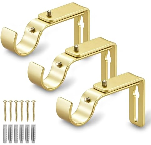 LLPJS Curtain Rod Bracket Adjustable, Drapery Rod Holder Hooks Support Hangers for 1 inch Diameter Window Curtain Rods (Warm Gold, 3-Pack)