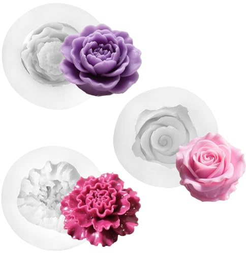 Solaverano 3 Pezzi Stampi in Silicone per Candele, Stampi Candele Fai da Te, Stampo in Resina Fior, Stampo per Silicone 3D, per Fare Candele Sapone Forma Di Rosa Garofano Peonia
