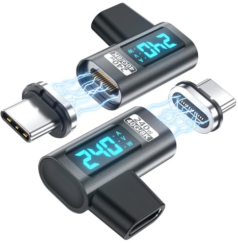 Digital Display USB C Magnetic Adapter Right Angle PD 240W 24Pins, 2 Pack | Voltage Current Power LED Display, TypeC Power Meter Tester 90 Degree USBC4 40Gbps 8K 60Hz for Thunderbolt 4, MacBook Pro/Air
