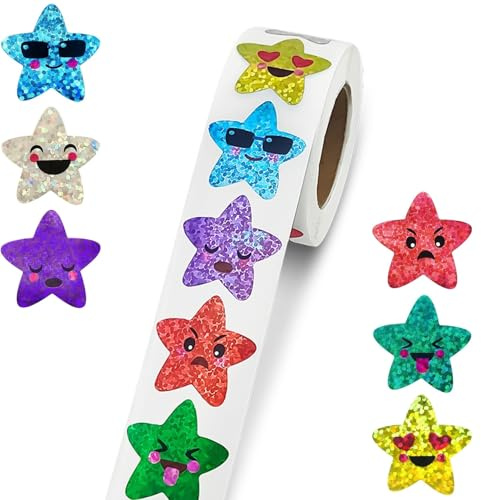 500 Pcs Glitter Star Stickers Roll – Smiling Face Star Stickers for Kids, Teachers, Reward Charts – Gold Shiny Smile Stickers for Motivation, Scrapbooking, Classroom Supplies, Party Favor & Crafts