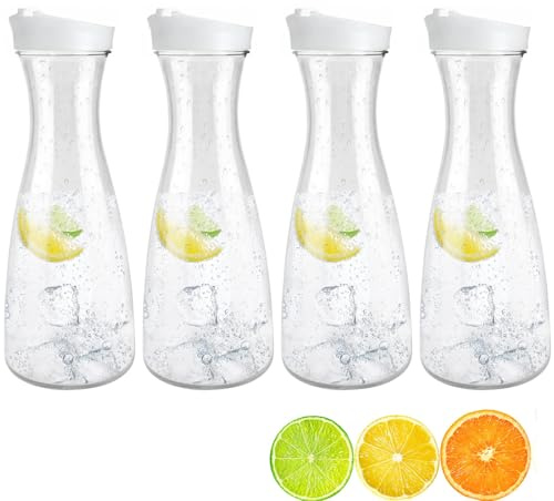 Pichet à Jus, 4 Carafes à Eau de 1,5L, avec Couvercles, carafe en Plastique, Transparent Bouteilles de jus en plastique Carafe à eau Froide,carafes à Eau en plastiques, pour Boissons Froides(Conique)
