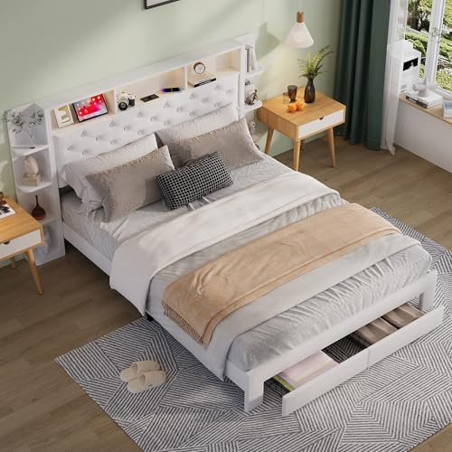 KSFASHZ Bett 140 x 200 cm, mit Schubladen, Doppelbett 140 x 200 cm, mit Schubladen, Doppelbett mit LED-Licht, gepolstert, 140 x 200 cm, Weiß