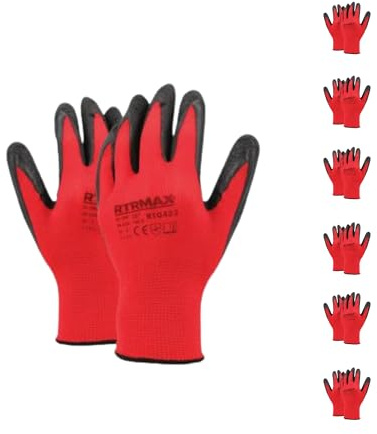 RTRMAX Gripper Gloves 6 Pairs – 9” & 10” | Latex Coated Grip Work Gloves with Breathable Polyester Liner for Roofing, Construction, DIY & Building Work (10)