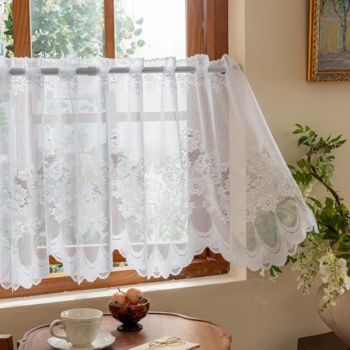 Daliena Spitzengardinen Kurz Scheibengardine Jacquard Küchengardinen Halbtransparent Fenster Gardinen Modern Fertiggardine mit Blumenmuster Café Vorhänge Weiß mit Muster-1 (BxH 100x60cm) 1 stück