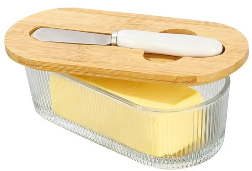 CRROEL 350ML Butterdose mit Holzdeckel, Butterdose Glas mit Buttermesser, BPA Frei, klare für 250 g Butter Dish für Haushalt und Küche