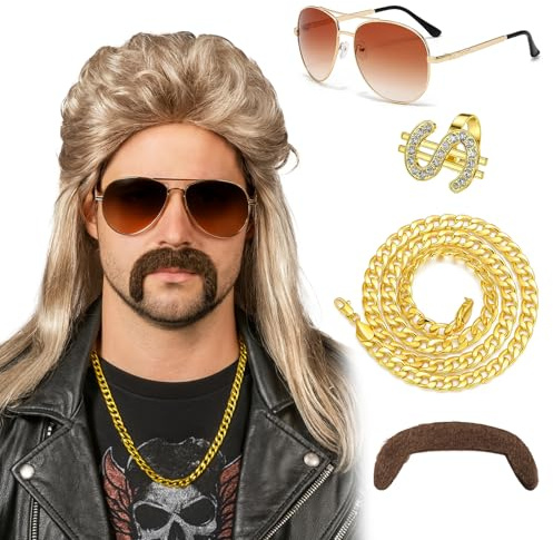 GWAWG Perruqu Mulet,Perruque Hommes Marron,Accessoire Annee 80 Doré Perruque Homme Lunettes Collier,Barbe,Déguisement année 70 années 80 Disco Rock Star pour Carnaval Halloween Cosplay