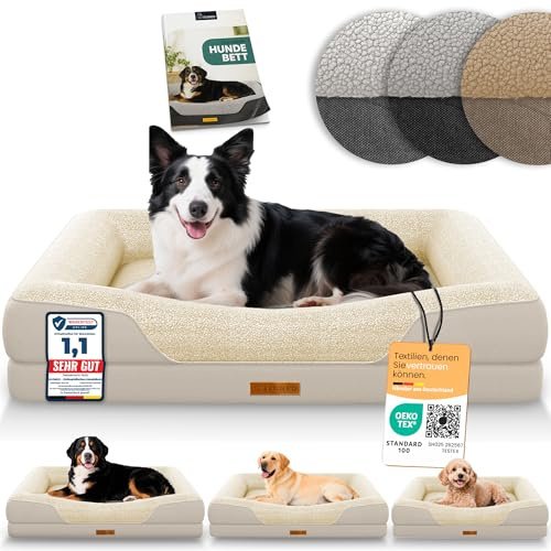ELONEO orthopädisches Hundebett mittelgroße Hunde - 90x68x18cm, Hundekorb mit Memory Foam, Hundematte wasserdicht und waschbar, Hundekissen, Hundematratze mit weicher Polsterung, Creme