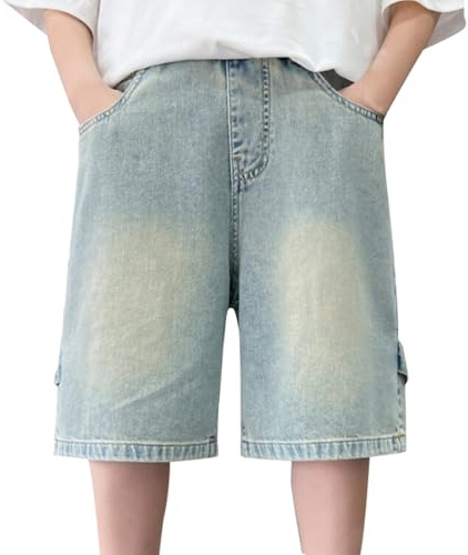 Short en jean longueur genou pour garçons - Short ample en jean d'été - Taille élastique - Jambe droite - Bermuda vintage avec poches - Style hip-hop streetwear, Bleu clair-b, 14-15 ans
