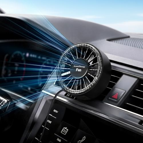 Riecin Mini ventilateur de voiture portable, petit ventilateur USB à clip pour grille d'aération de voiture avec lumières colorées, puissant à 3 vitesses avec parfum de voiture amovible, rotation à