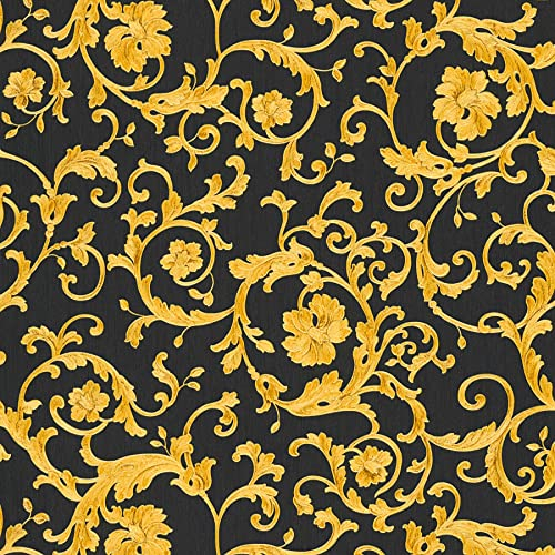 Carta da parati Versace Carta Da Parati Damasco Carta da parati tessuto non tessuto 10.05 m x 0.70 m Oro Nero Giallo Made in Germany 343262 34326-2